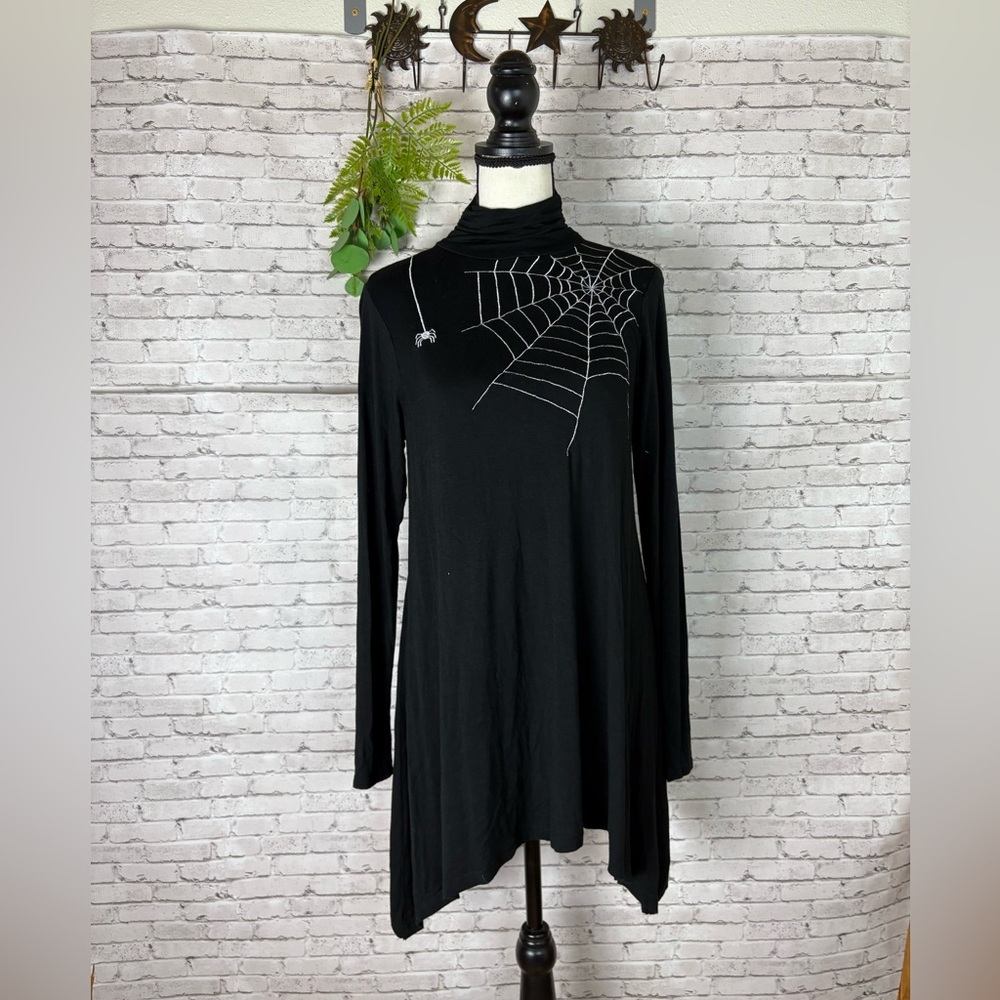 Vintage Joseph A Black Ruched Turtleneck Spider Tunic - Picture 1 of 8